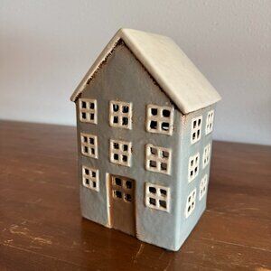 Village Pottery House Tea Light Holder, Blue Ceramic Cottage Decor